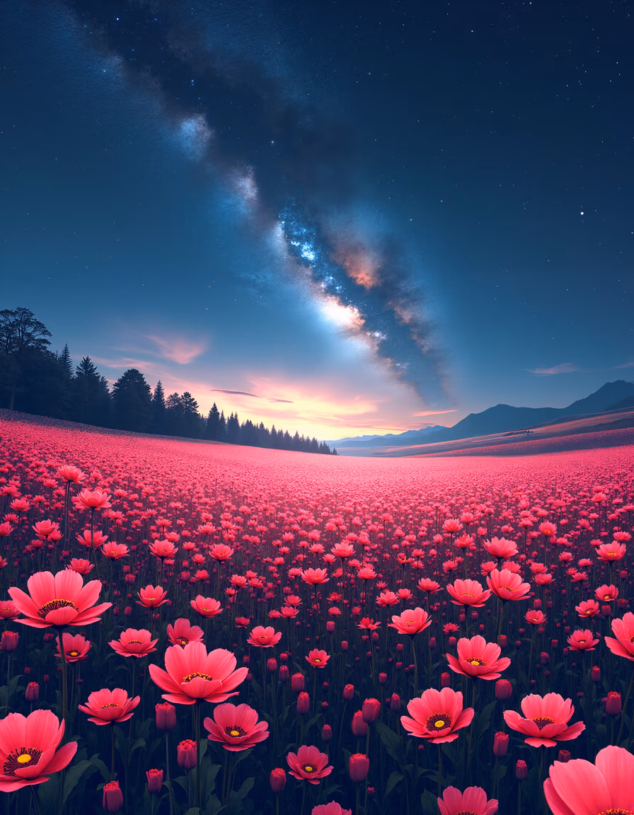 A serene night scene with pink flowers and a starlit sky, perfect for relaxation and inspiration.
