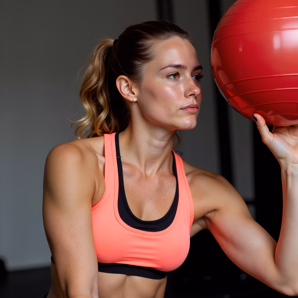 Focused fitness woman exercising with a red ball.