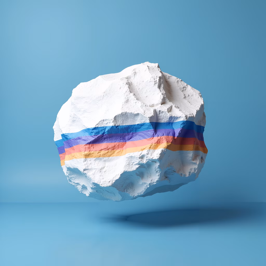 A floating rock with a rainbow stripe against a blue sky, abstract art.