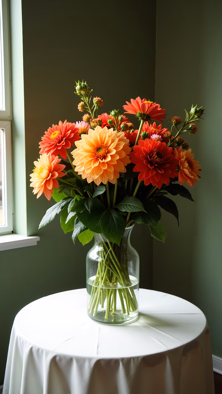 Vibrant dahlias in a clear vase, evoking warmth and tranquility.