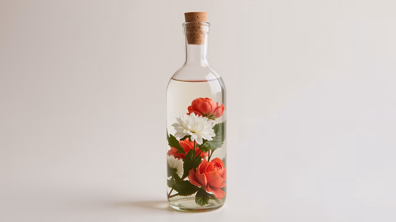 Minimalist floral arrangement in a glass bottle, serene and elegant.