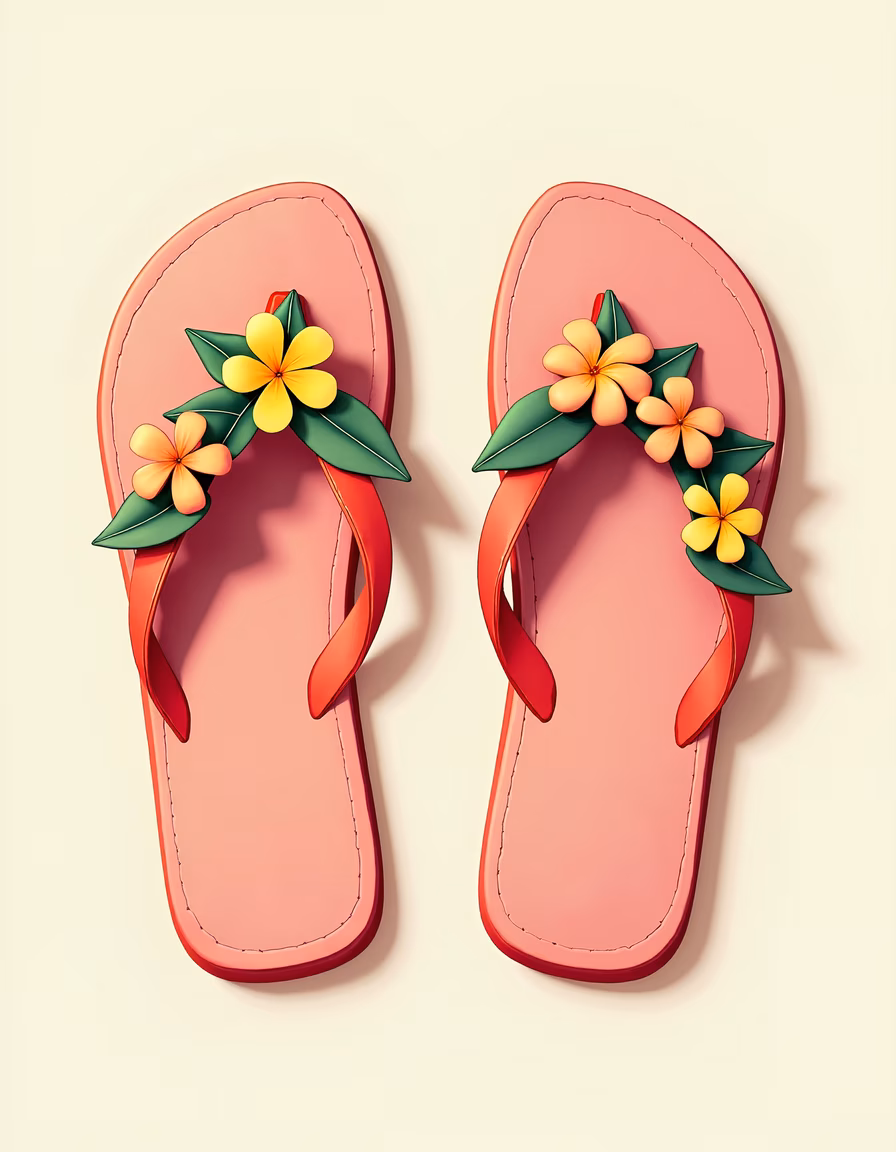 Bright floral flip flops on a beige background, perfect for summer fashion.