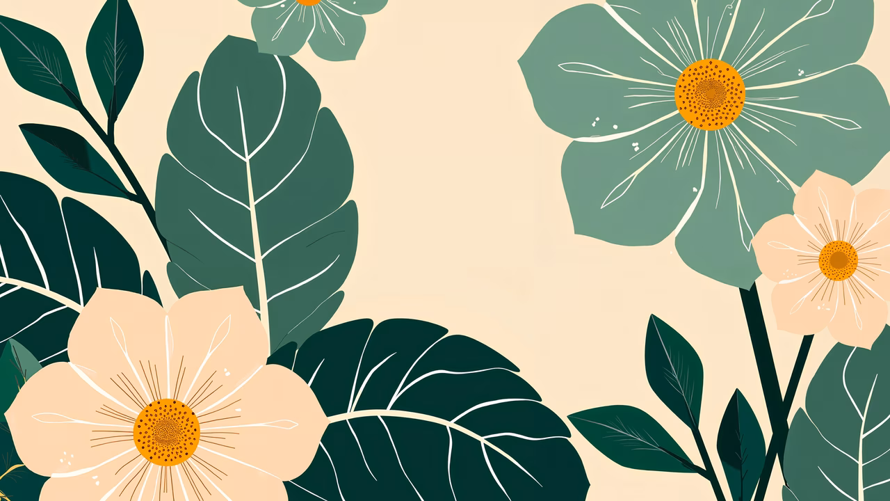Vibrant floral illustration with detailed petals and lush greenery on a beige background.