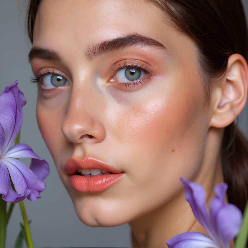 Close-up portrait with soft makeup and purple flowers, serene and elegant.
