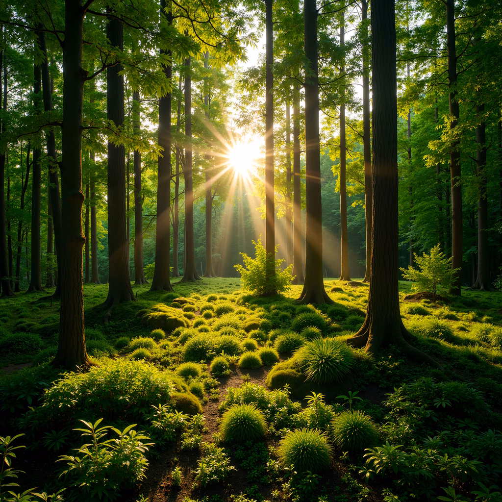 A tranquil forest scene illuminated by golden sunlight, showcasing vibrant greenery and rich colors.