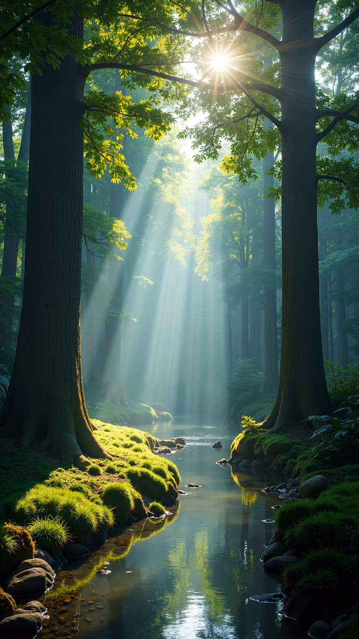 A peaceful forest scene with sunlight filtering through the trees, creating a serene and vibrant atmosphere.