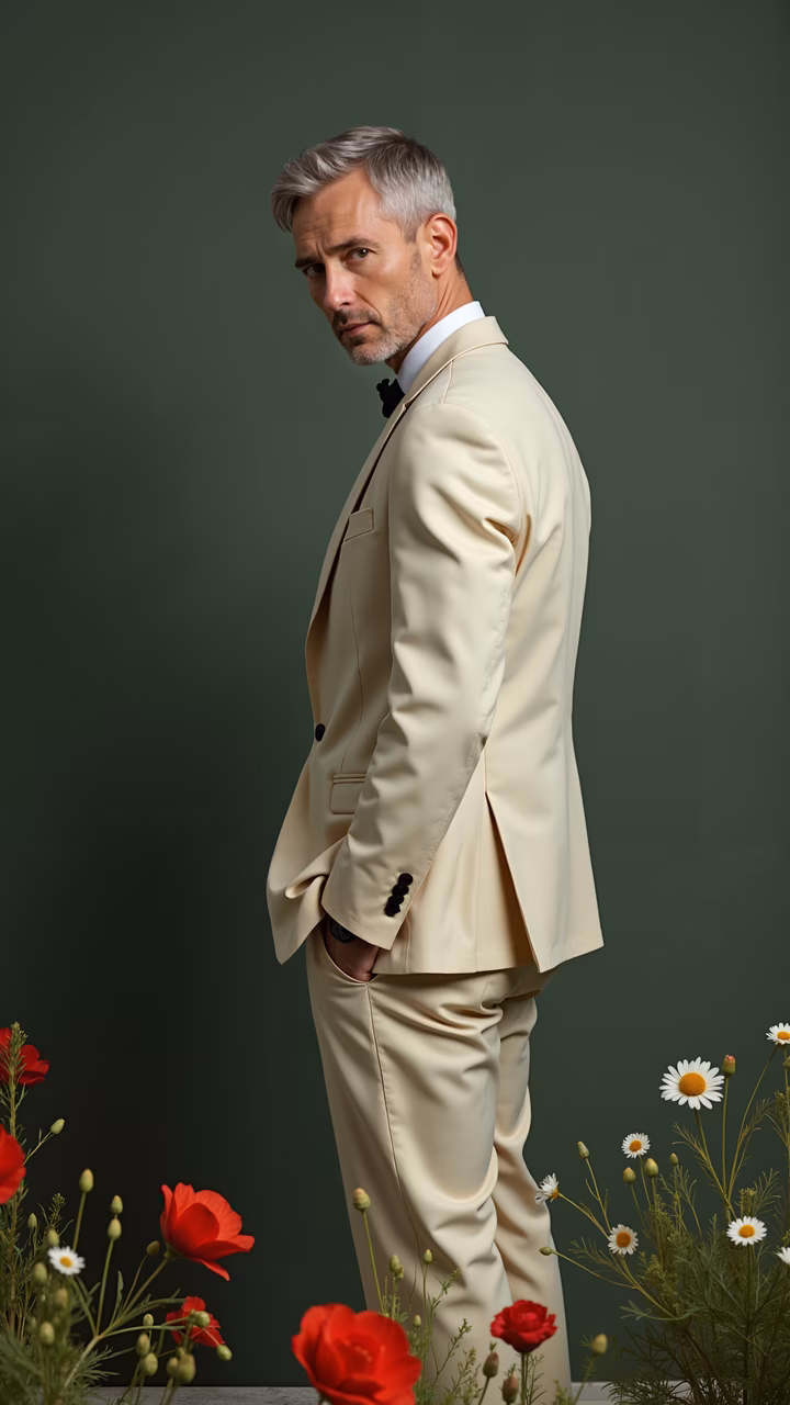 Elegant man in cream suit surrounded by red poppies and white daisies, set against a dark green background.