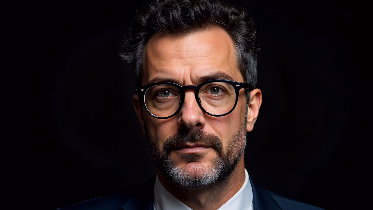 Close-up portrait of a formally dressed individual with a serious expression, set against a dark background.