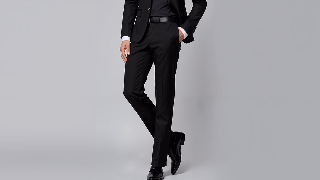 Elegant black formal suit against a minimalist backdrop.