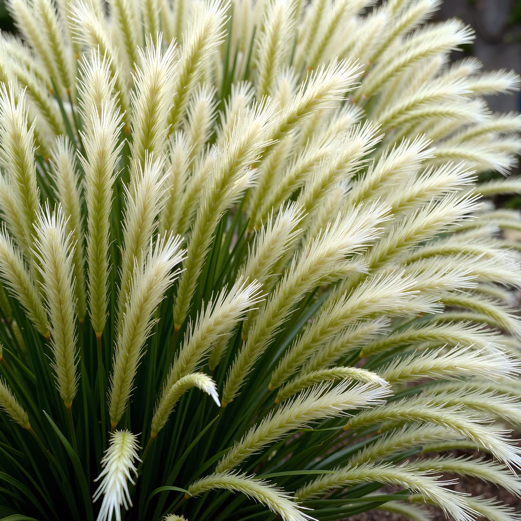Close-up of fountaingrass with delicate plumes and vibrant green leaves.