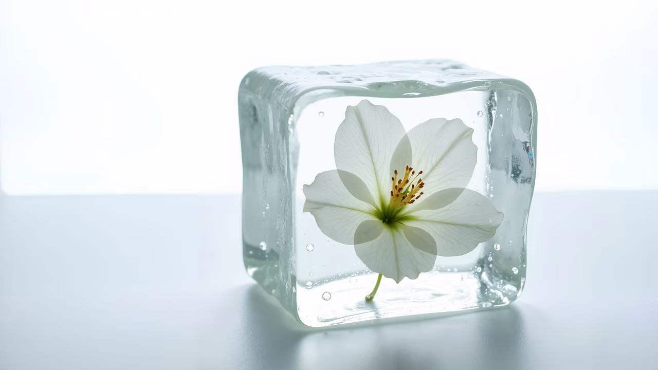 A frozen flower captured in a clear ice cube, symbolizing purity and fragility.