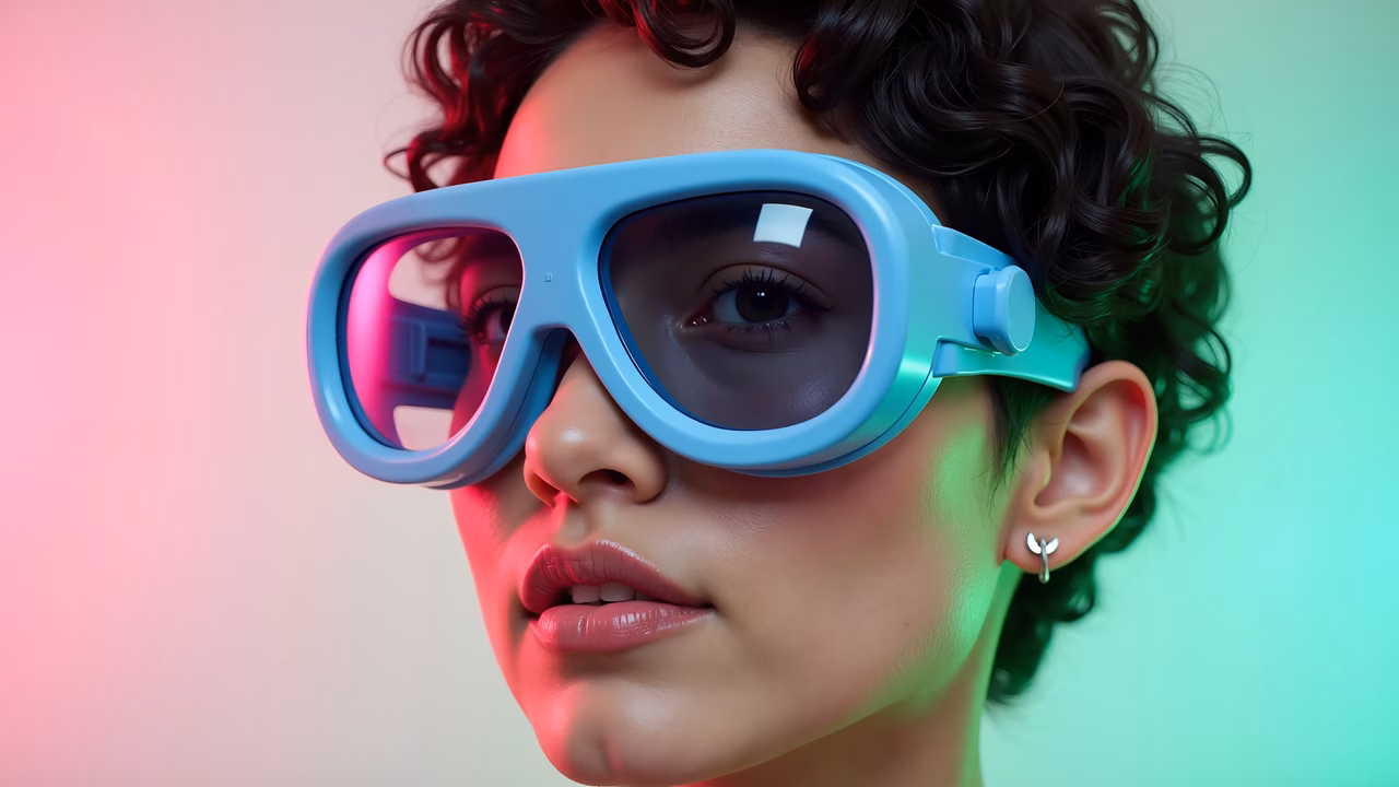 Close-up of futuristic glasses with vibrant gradient background.