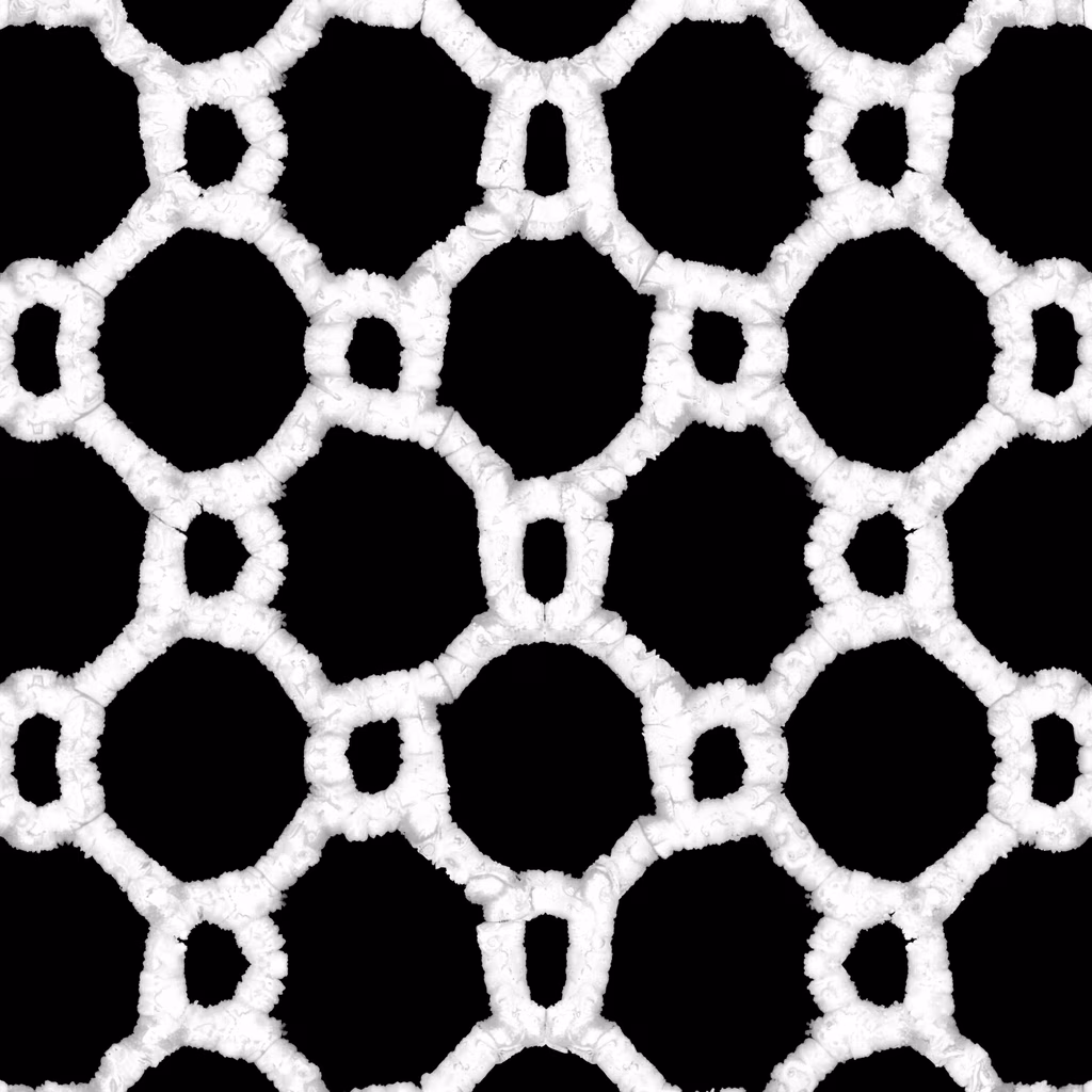 Monochrome geometric pattern with intricate design and rhythmic shapes.