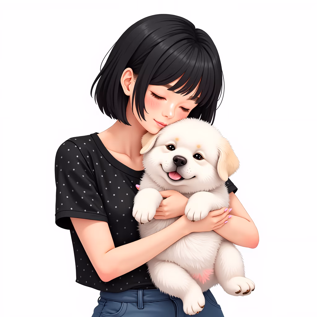 A girl holding a happy puppy in a tender moment.