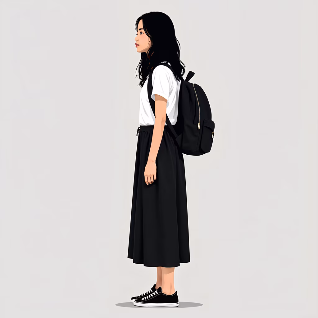 Minimalist fashion illustration of a girl with a backpack.