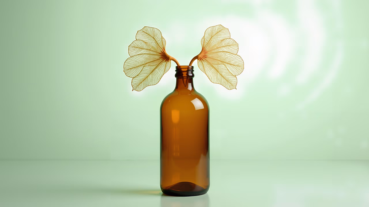 Minimalist illustration of a glass bottle with leaf wings against a pastel green background.