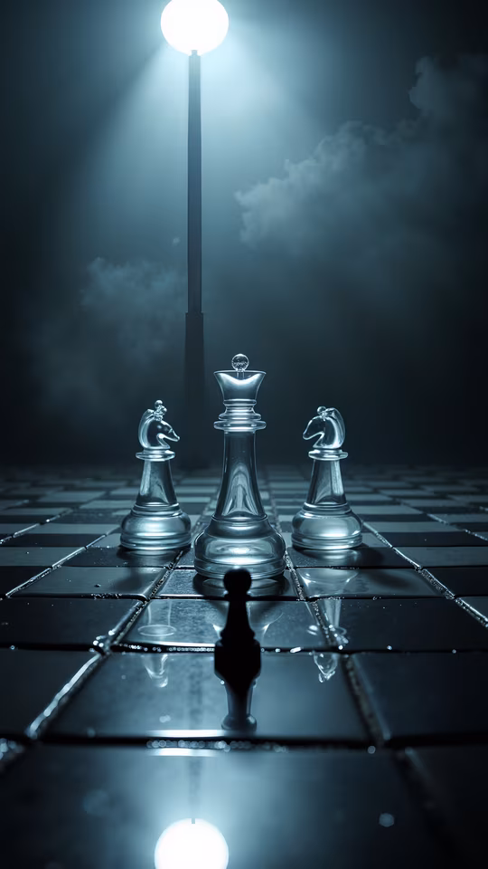 Glass Chess Pieces Under Streetlights