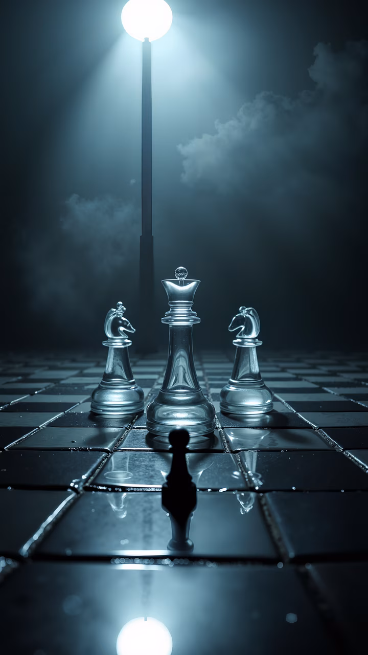 Glass chess pieces under streetlights, reflective and dramatic