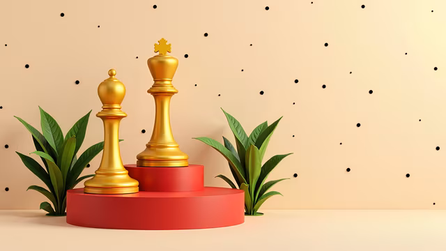 Golden Chess Pieces on Red Podium