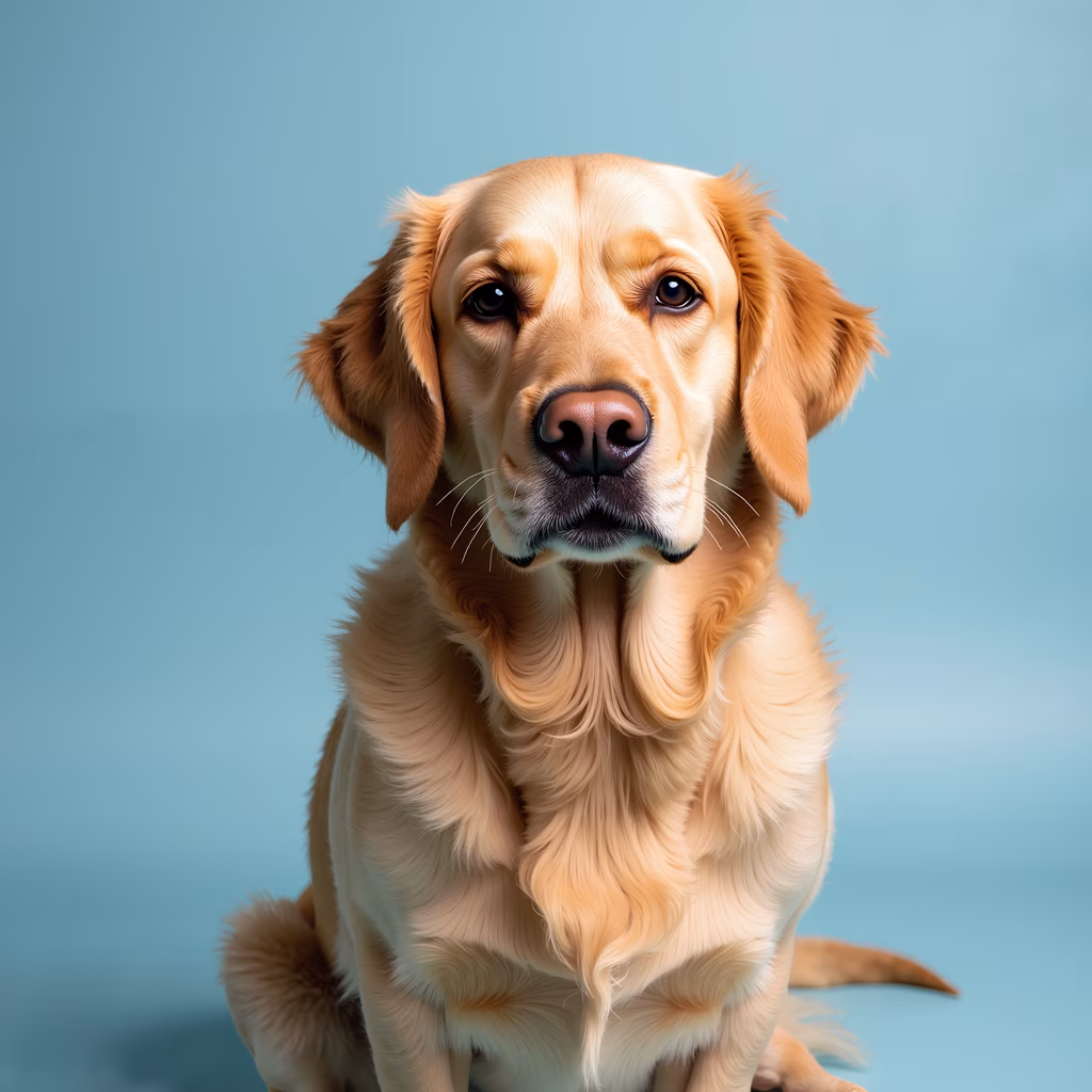 Close-up portrait of a golden retriever with warm fur against a teal background.