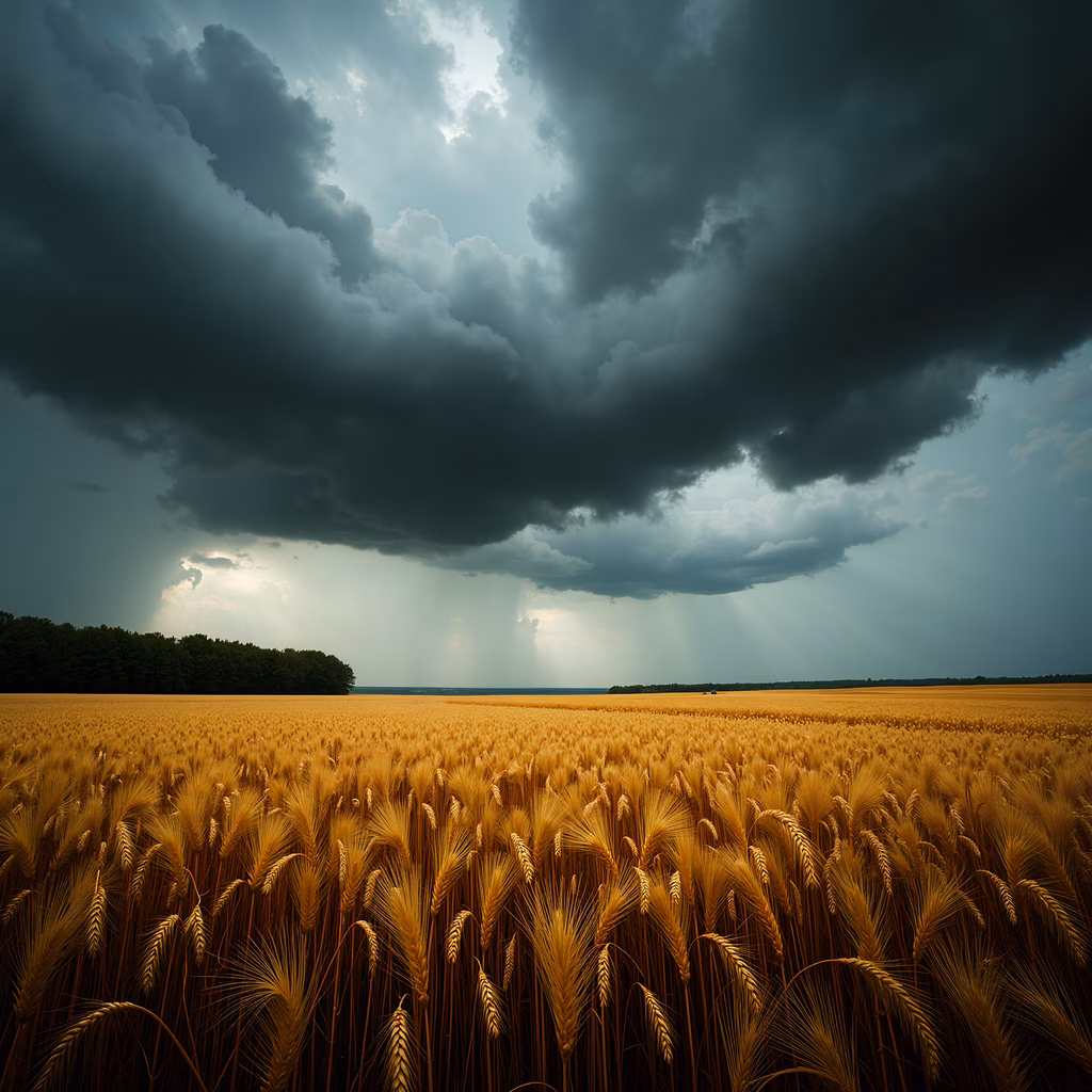 Golden wheat field under stormy skies, dramatic contrast, natural beauty
