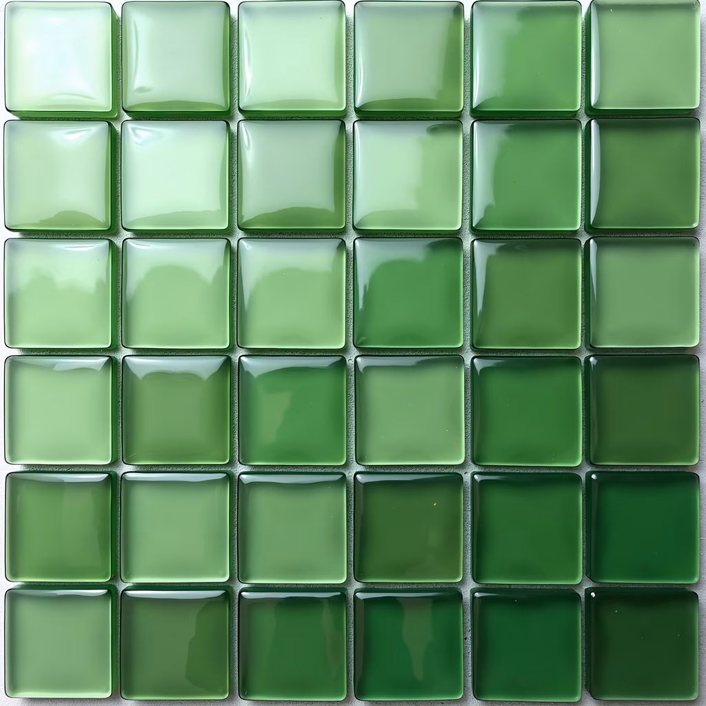 Uniform green glass tiles in a grid pattern, modern and orderly design.