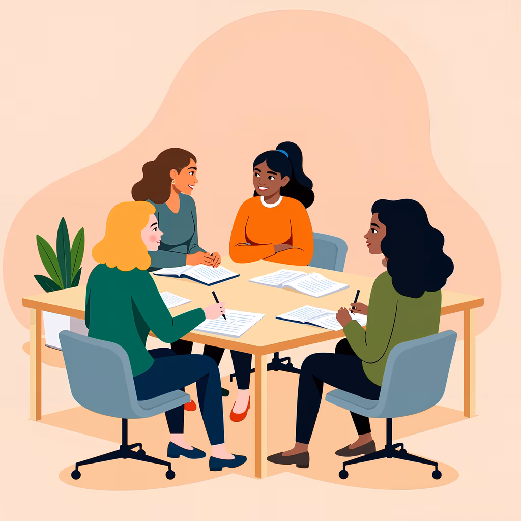 Four people discussing ideas in a serene environment.
