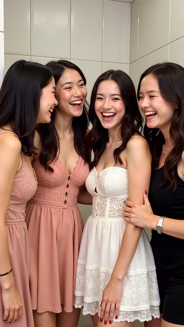 Four women laughing together in a bathroom, dressed in pastel dresses.