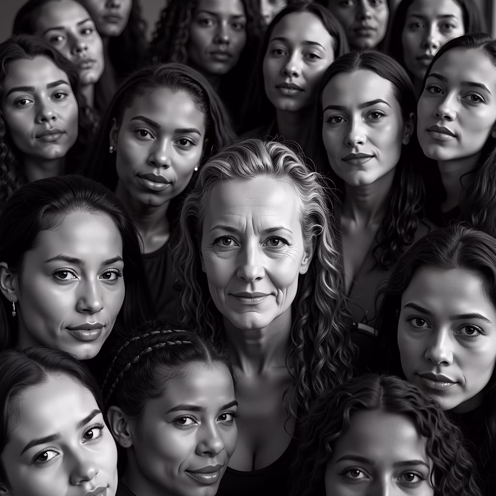 A striking black-and-white portrait of a diverse group of women, showcasing individuality and unity.