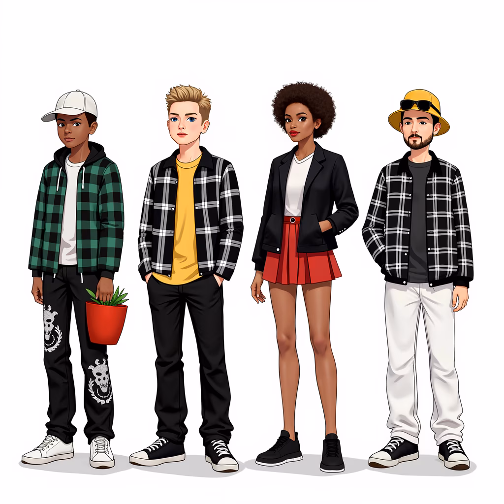 Four stylishly dressed individuals in a casual urban setting.