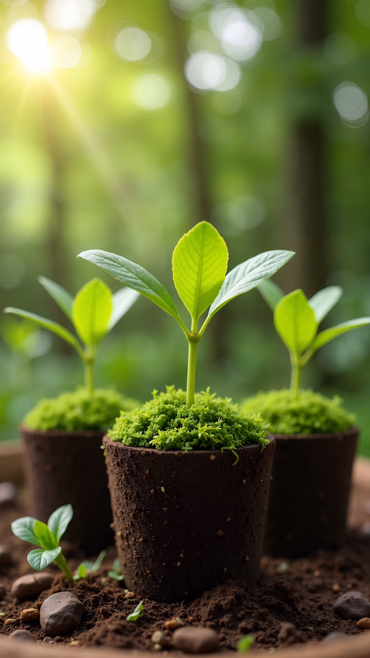 Young plants growing in moss-covered pots under natural light, symbolizing growth and renewal.