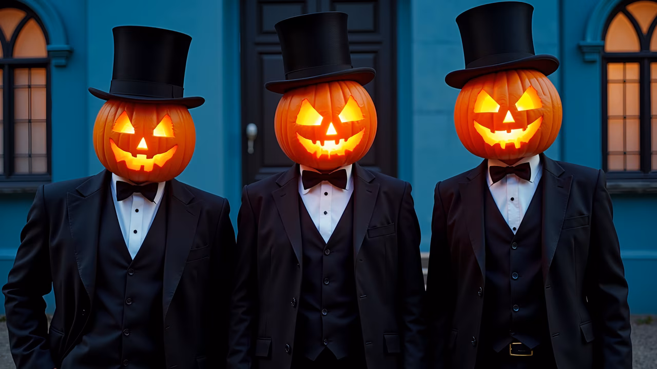 Formal gentlemen with glowing pumpkin heads against a teal backdrop.