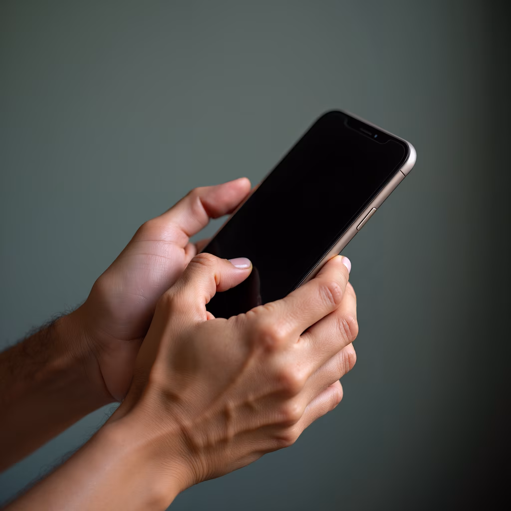 Close-up of hands holding a sleek smartphone against a muted green background.
