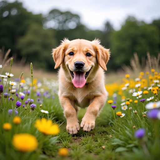 Happy Puppy in a Flower Field