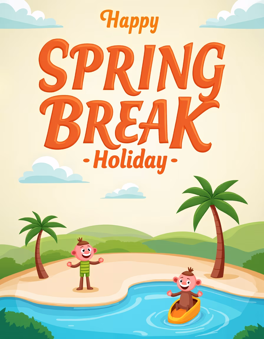 Brightly colored cartoon monkeys celebrating spring break by a tropical pool.