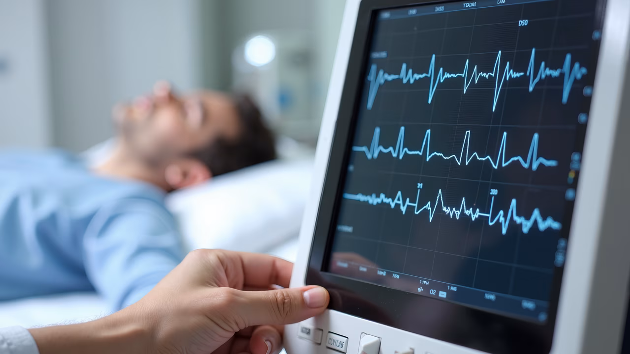 Close-up of a hand adjusting a heart monitor showing ECG waves in a medical setting.