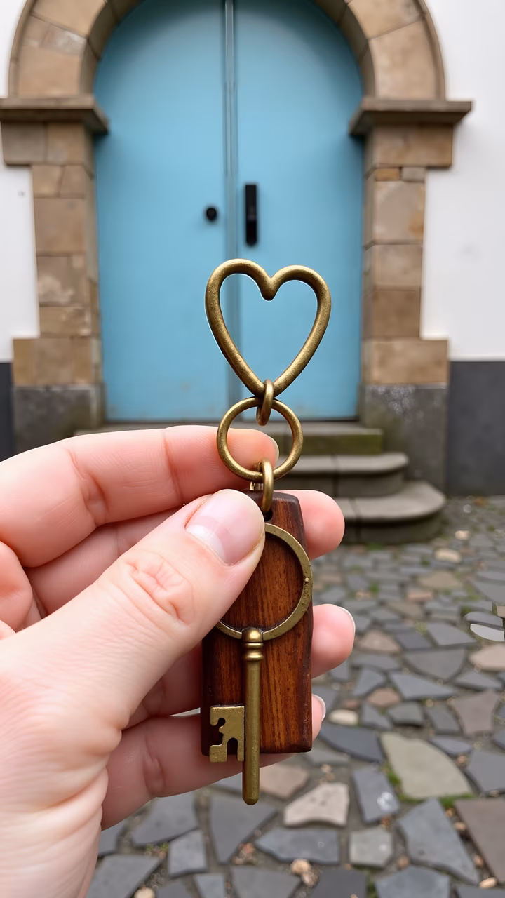 Close-up of a heart-shaped key ring held against a turquoise door, evoking warmth and nostalgia.