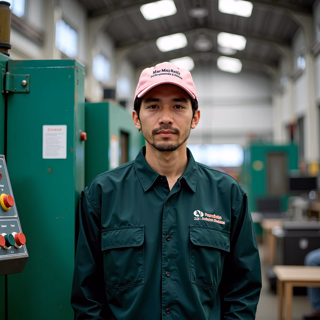 Portrait of a worker in a green uniform and pink cap, standing in an industrial setting.