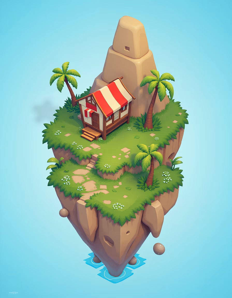 A charming island retreat with a wooden cabin and palm trees in a peaceful setting.