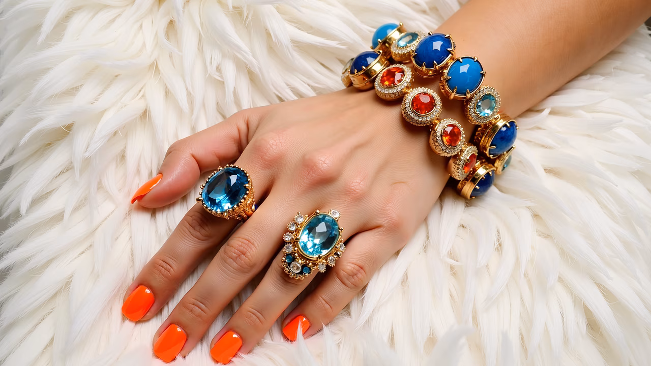 Luxurious jewelry displayed on a hand with vibrant orange nails against a white feathered background.