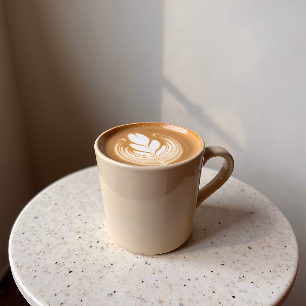 Close-up of latte art coffee with delicate leaf design, warm tones, and cozy atmosphere.