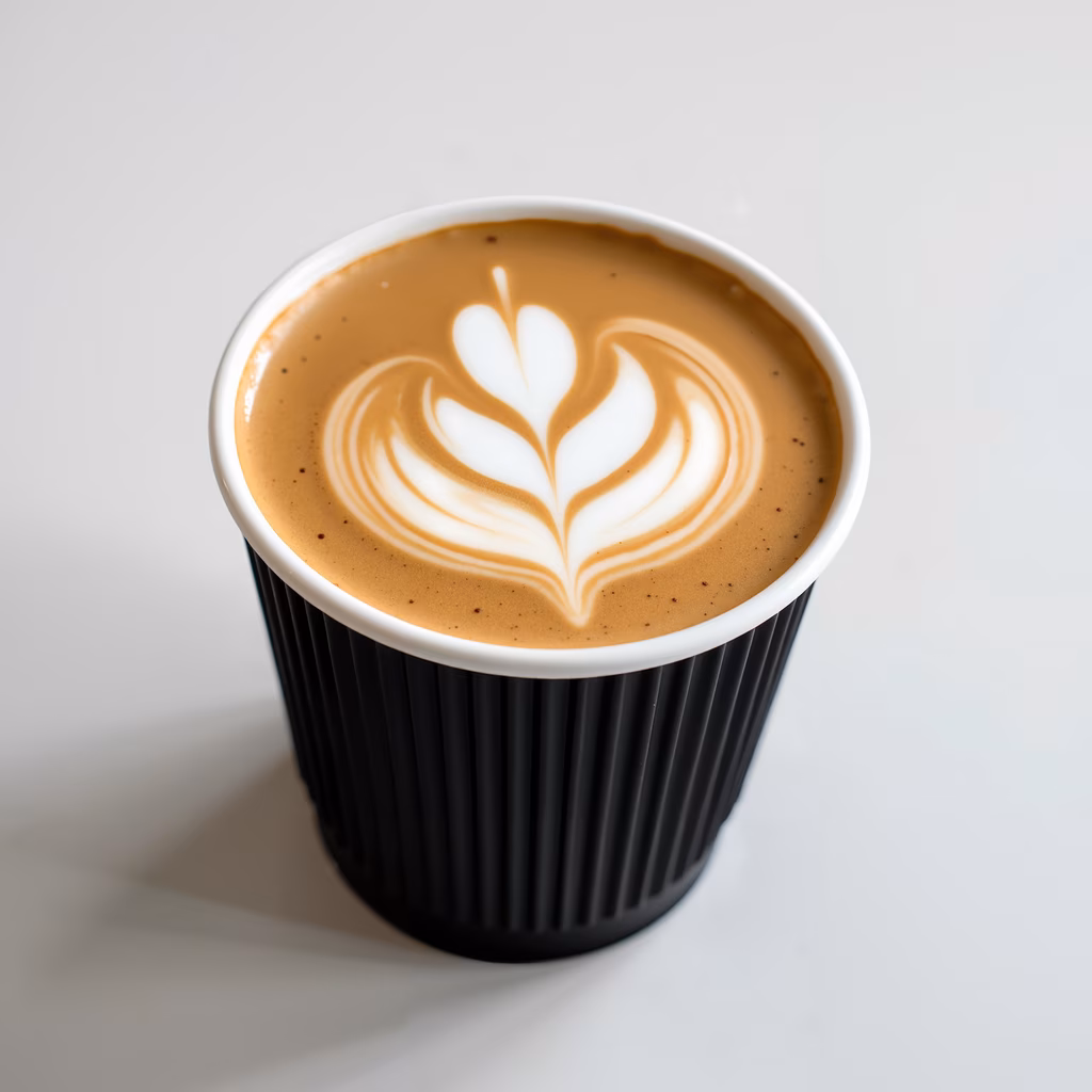Close-up of a latte with heart-shaped art in a black cup.
