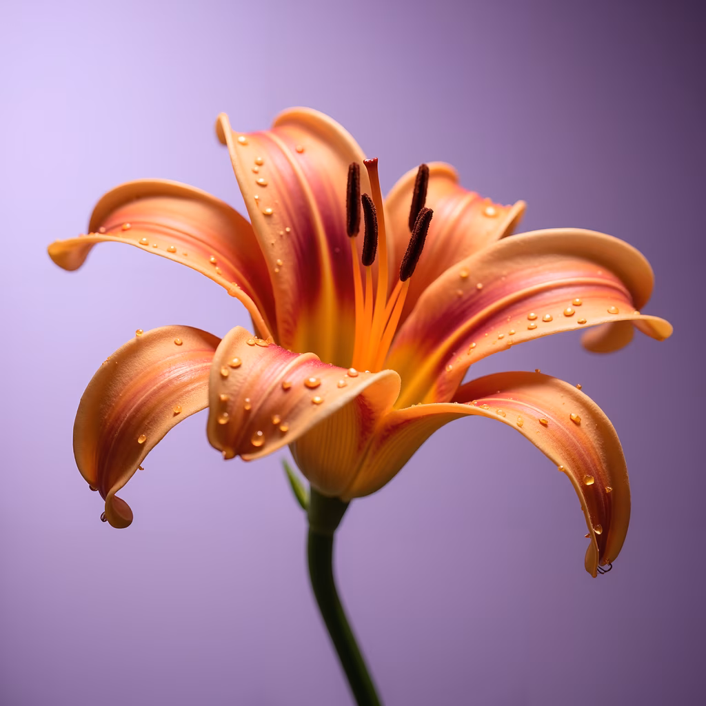 Close-up of a dew-covered lily with warm tones on a purple background.