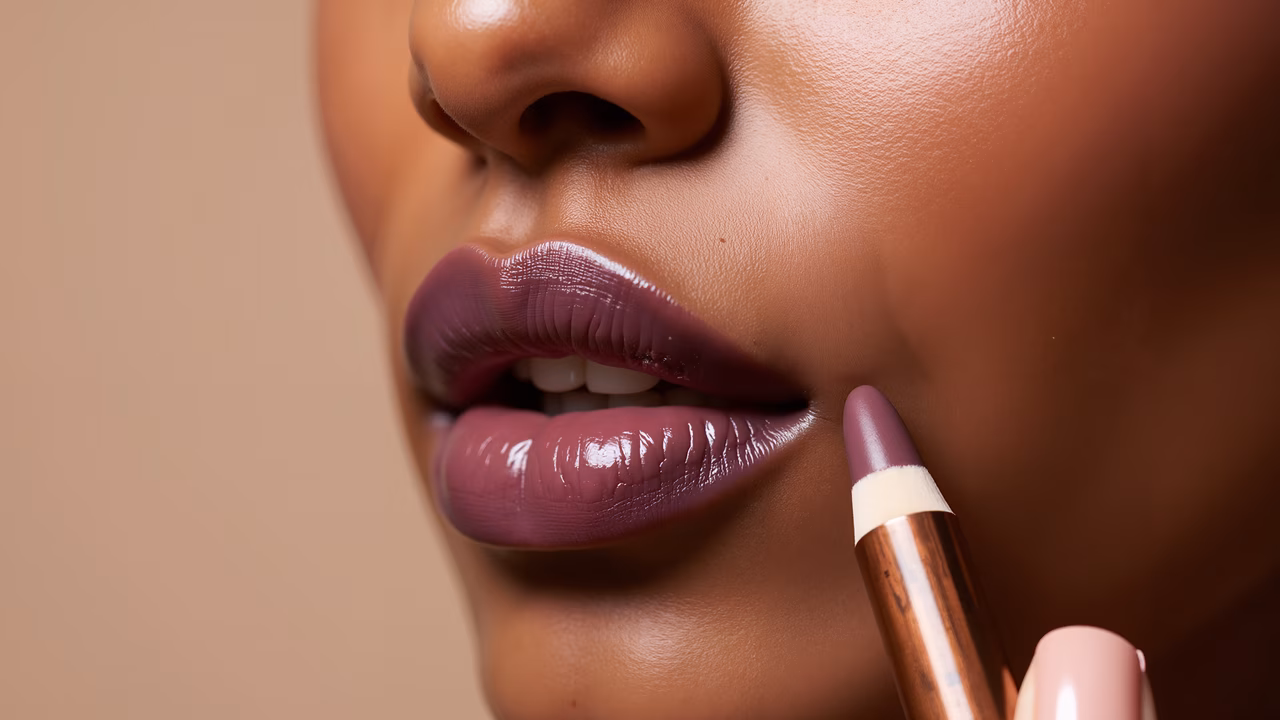 Close-up of glossy lipstick application on lips, emphasizing texture and color.