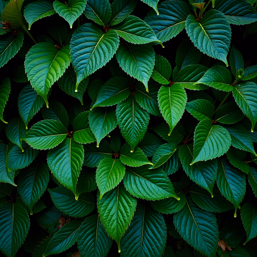 Close-up of lush green leaves against a black background, highlighting natural textures and colors.