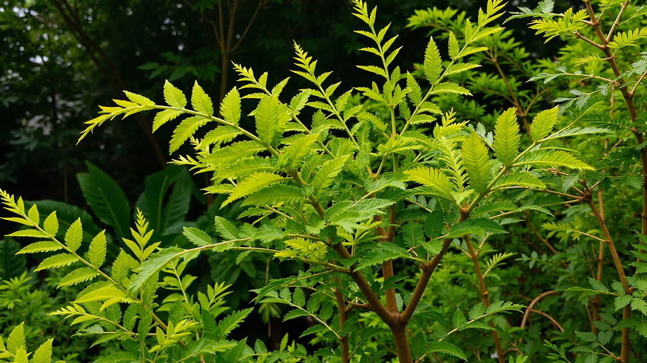 Vibrant green plant with detailed serrated leaves in lush nature setting.