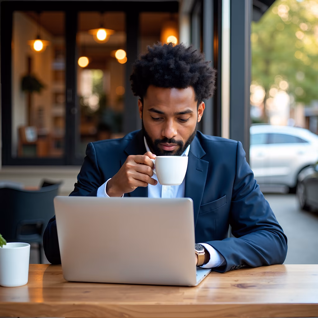 A man in a navy suit sips coffee at a café, engrossed in his laptop.