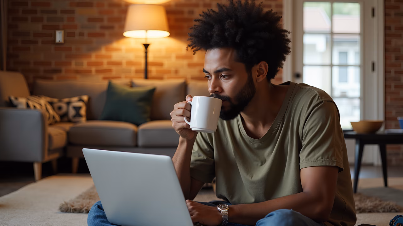 Man drinking coffee and working on laptop in a cozy living room setting.