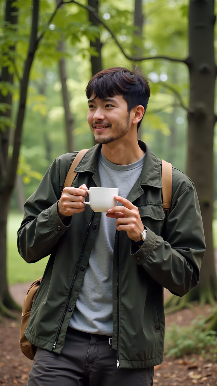 Man sipping coffee in serene forest setting