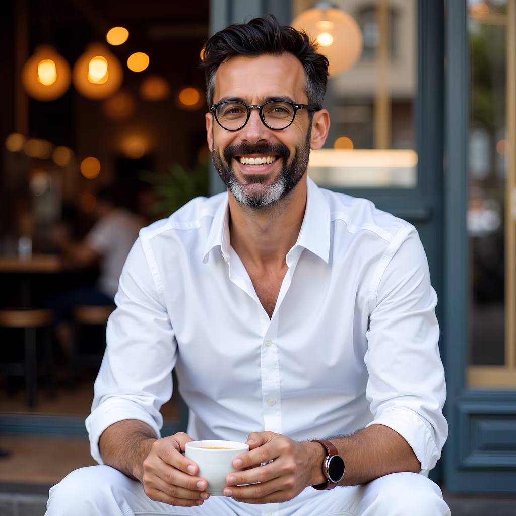 A cheerful man sipping coffee in a cozy café setting.